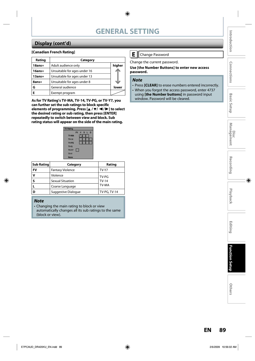 Toshiba D-R420KU owner manual Canadian French Rating, Use the Number Buttons to enter new access password 