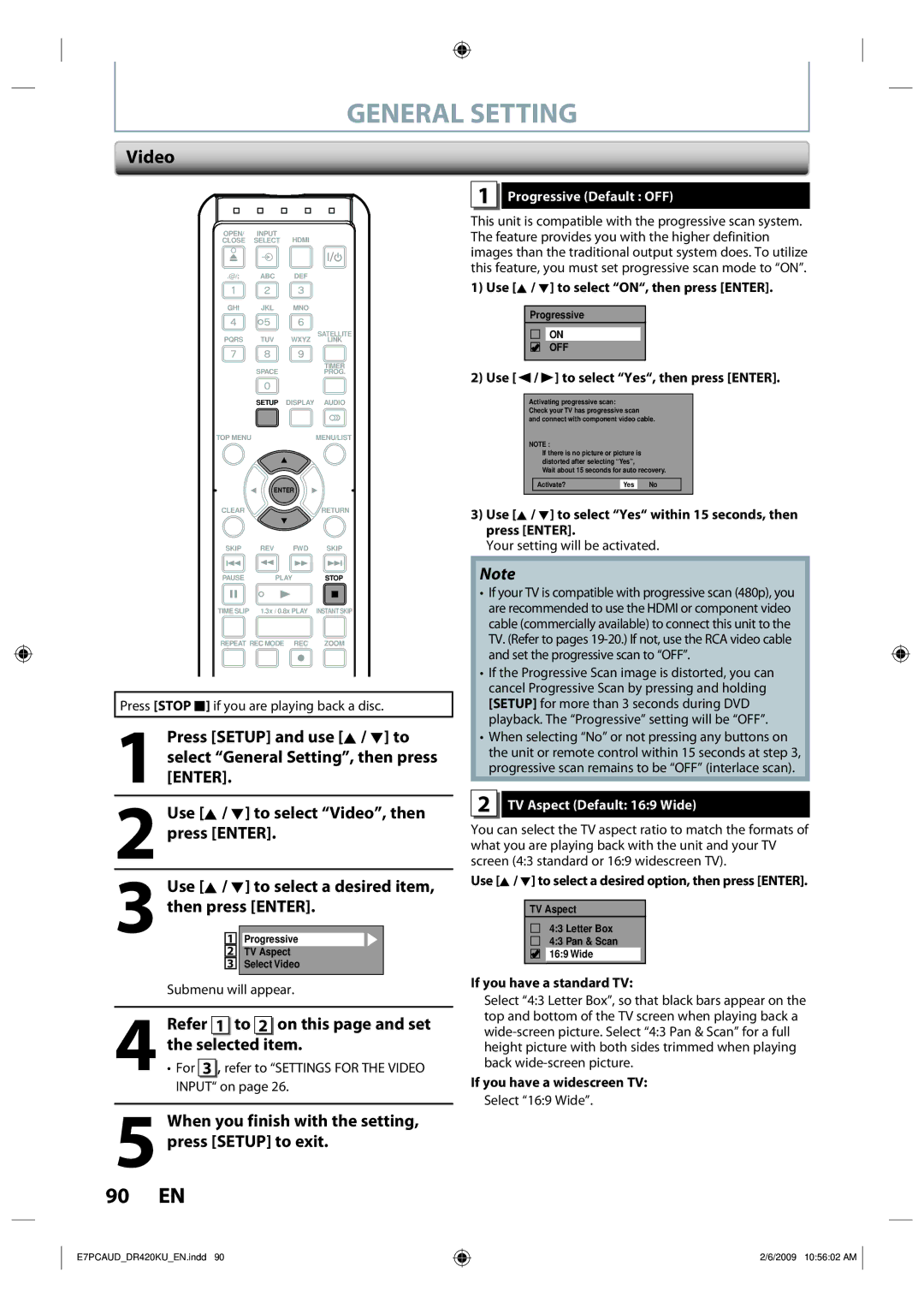 Toshiba D-R420KU owner manual Video, Selected item, Refer 1 to 2 on this page and set, Progressive Default OFF 