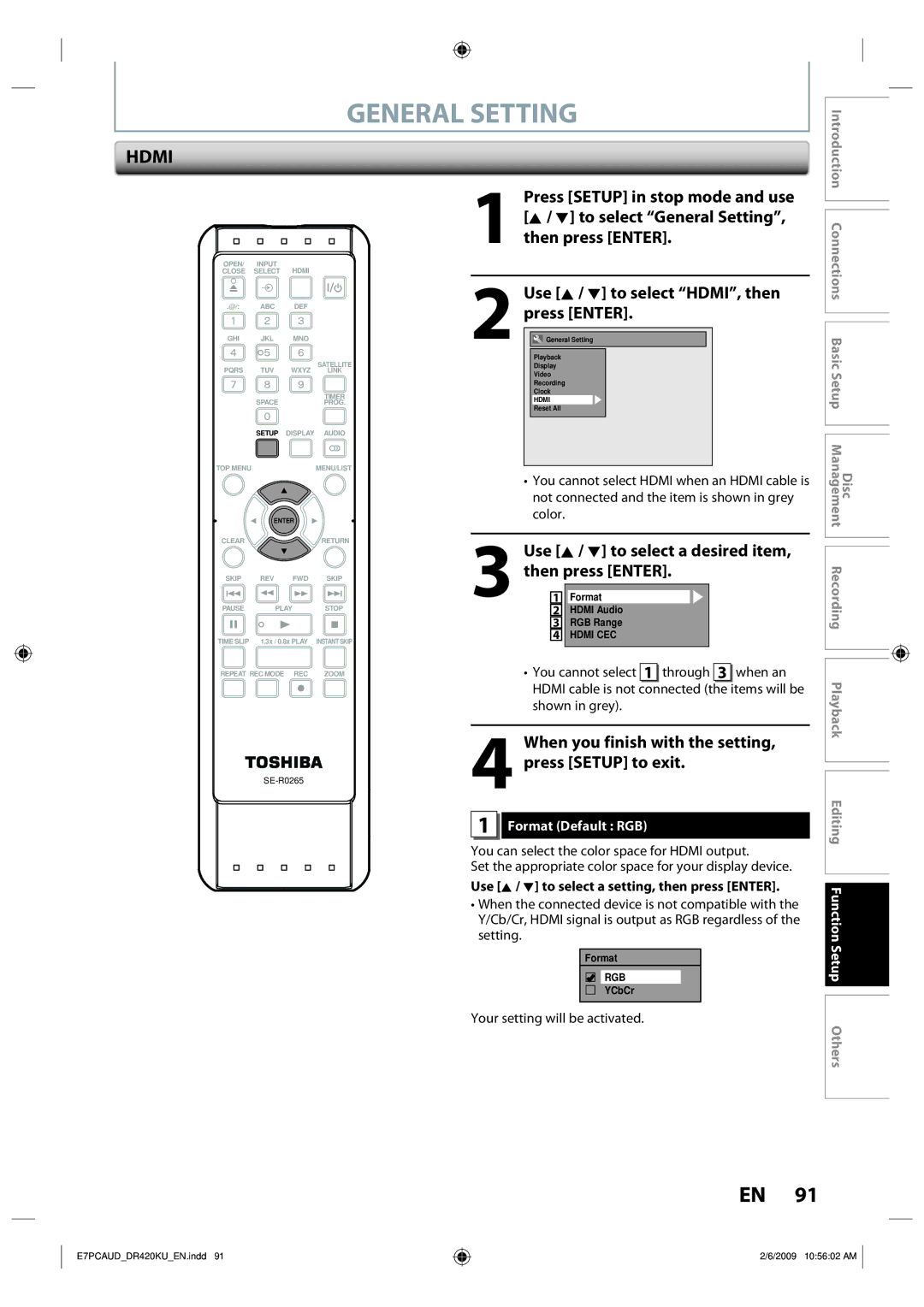 Toshiba D-R420KU owner manual Format Default RGB, Use K / L to select a setting, then press Enter 