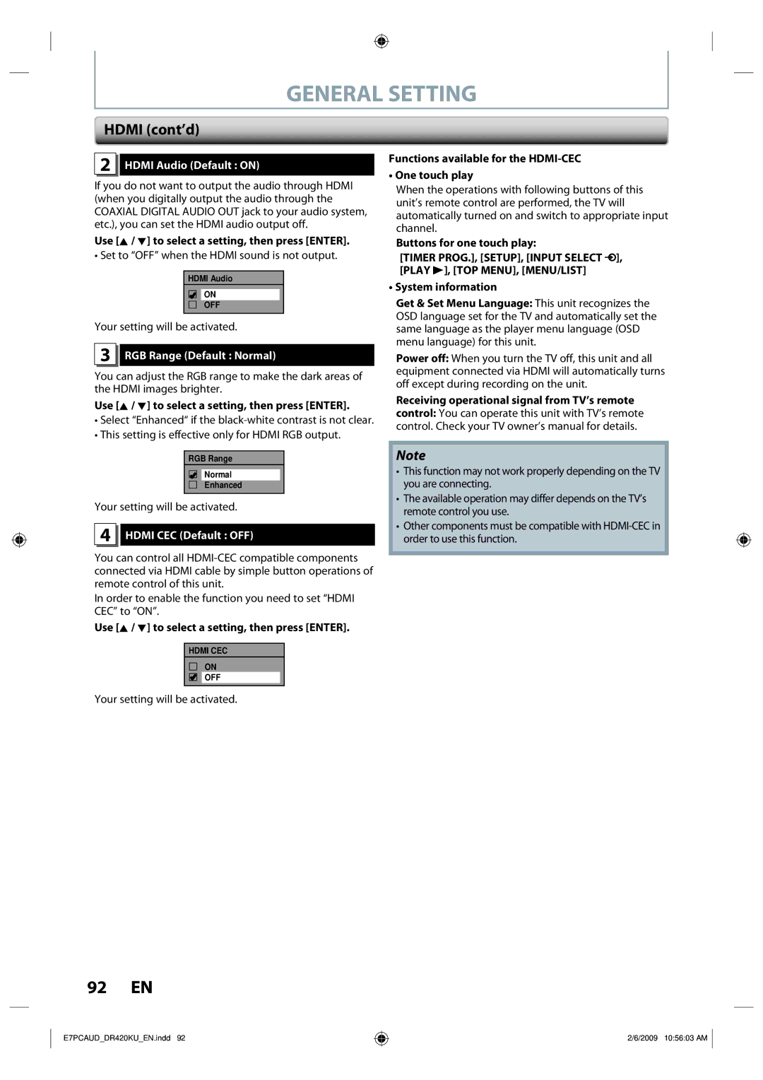 Toshiba D-R420KU owner manual Hdmi cont’d, Hdmi Audio Default on, RGB Range Default Normal, Hdmi CEC Default OFF 