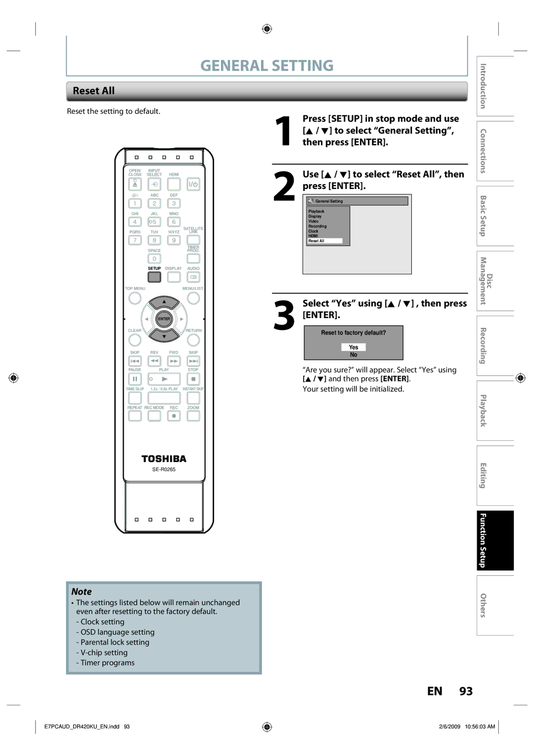 Toshiba D-R420KU owner manual Reset All, Select Yes using K / L , then press Enter, Reset the setting to default 