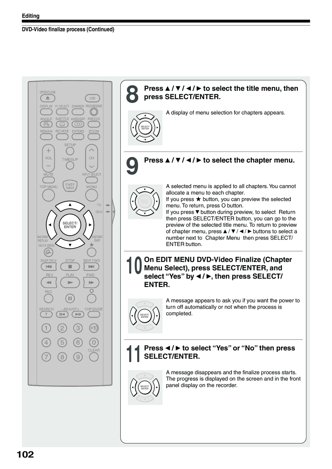 Toshiba D-R4SU owner manual 102, Press / / / to select the chapter menu, Press To select Yes or No then press 