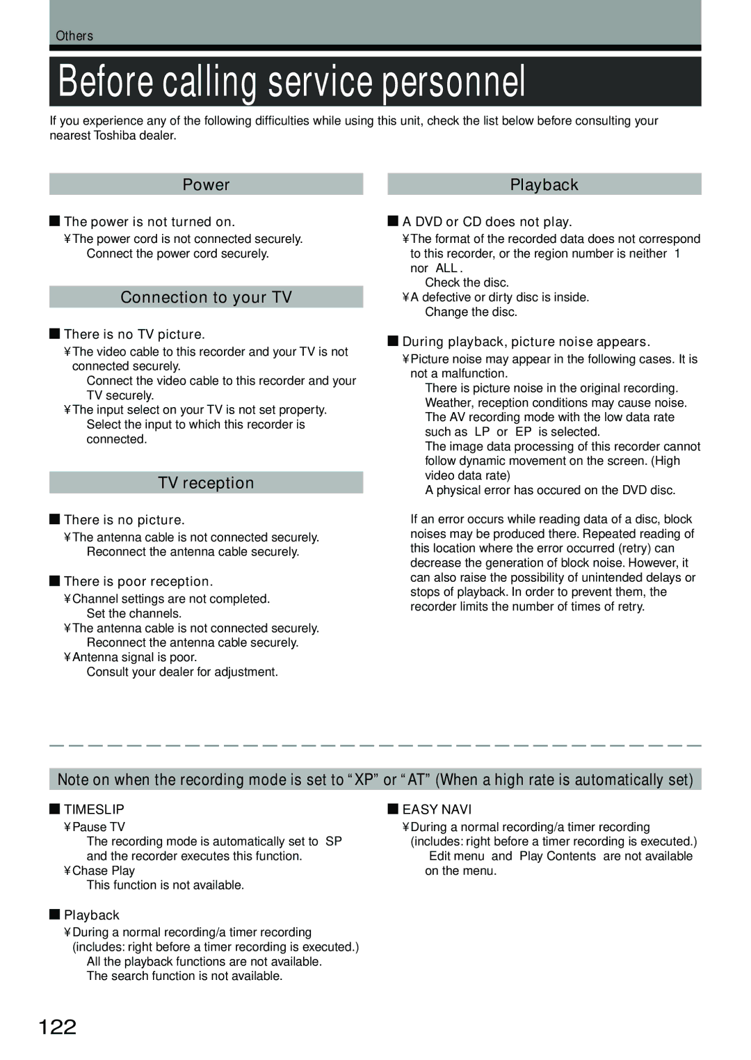 Toshiba D-R4SU owner manual Before calling service personnel, 122, Power Playback, Connection to your TV, TV reception 