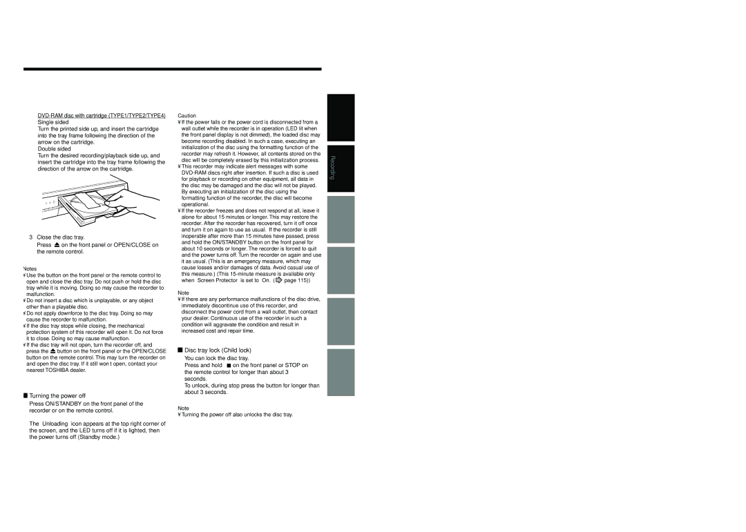 Toshiba D-R4SU owner manual Turning the power off, Disc tray lock Child lock 