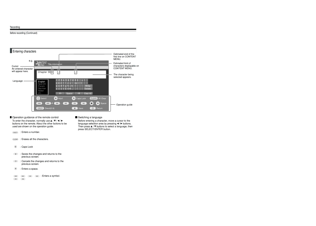 Toshiba D-R4SU Estimated end of the first line on Content Menu, Character being selected appears, Operation guide 