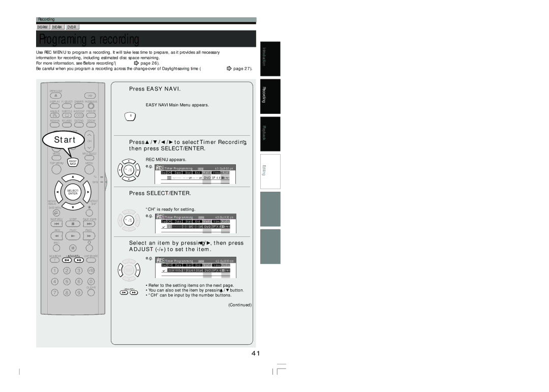 Toshiba D-R4SU owner manual Programing a recording, Press Easy Navi, Easy Navi Main Menu appears, REC Menu appears 