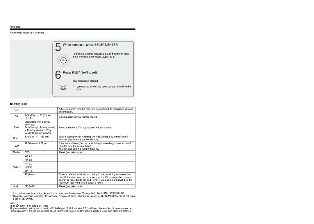 Toshiba D-R4SU When complete, press SELECT/ENTER, Press Easy Navi to exit, Recording Programing a recording, Setting items 