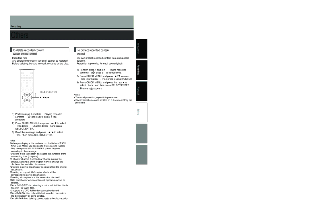 Toshiba D-R4SU owner manual Others, To delete recorded content, To protect recorded content, Important note 