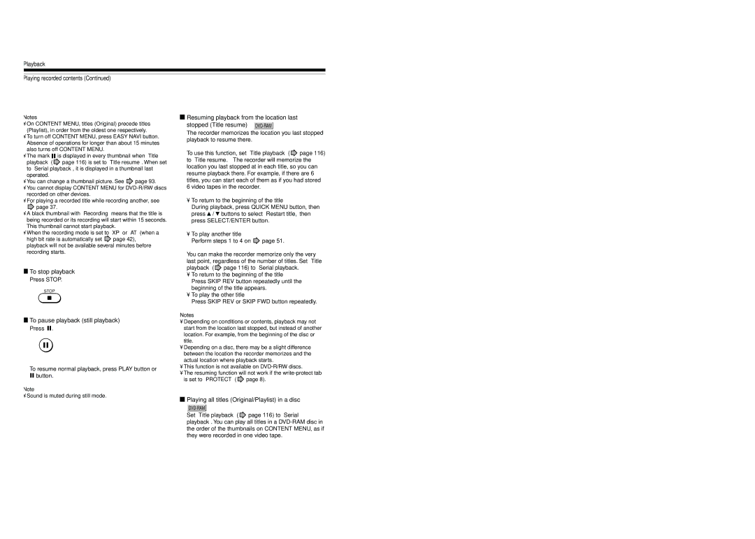 Toshiba D-R4SU owner manual Playback Playing recorded contents, To stop playback, To pause playback still playback 