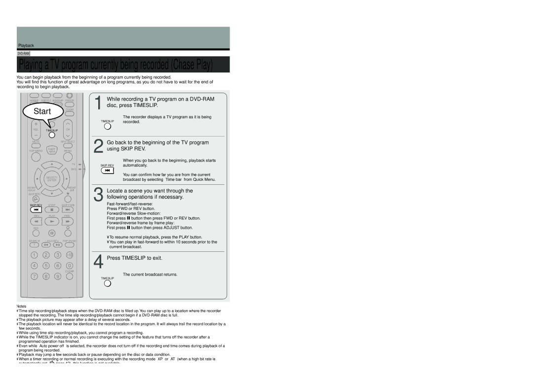 Toshiba D-R4SU owner manual Go back to the beginning of the TV program using Skip REV, Press Timeslip to exit 