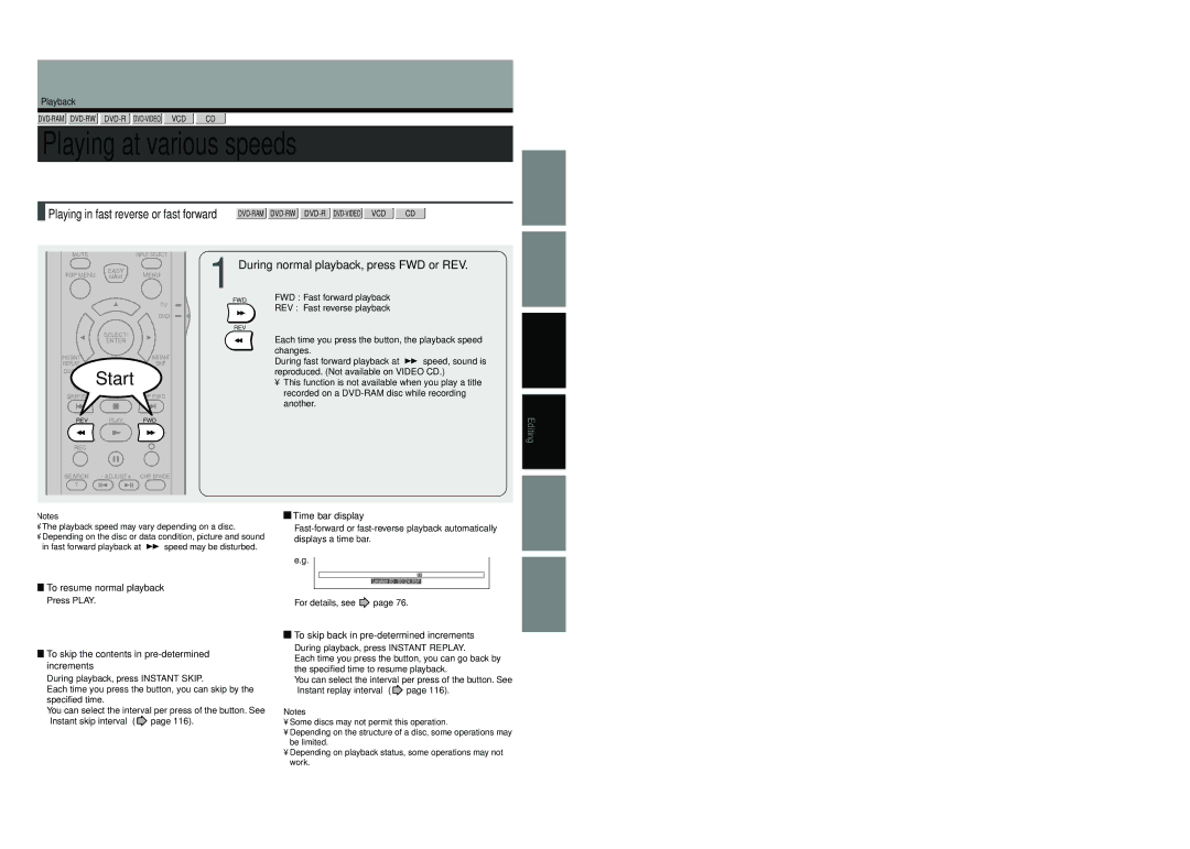 Toshiba D-R4SU owner manual Playing at various speeds, During normal playback, press FWD or REV 