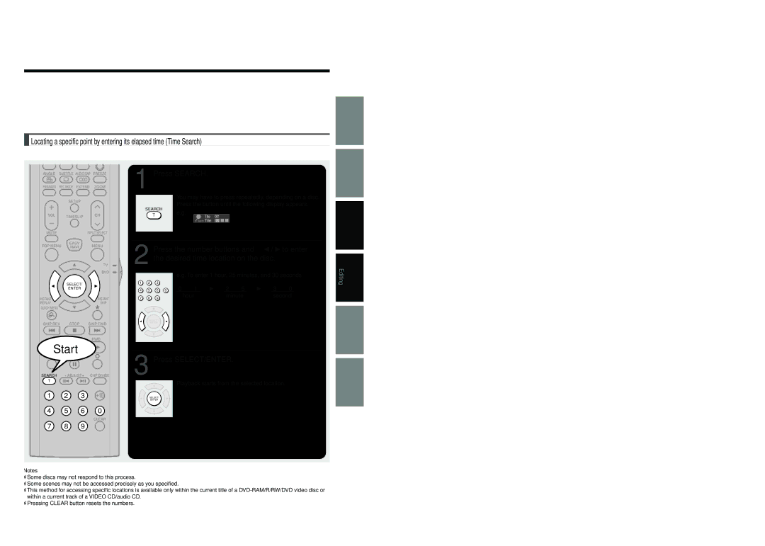 Toshiba D-R4SU owner manual To enter 1 hour, 25 minutes, and 30 seconds, → 1 → → 2 → 5 → → 3 →, Hour Minute Second 