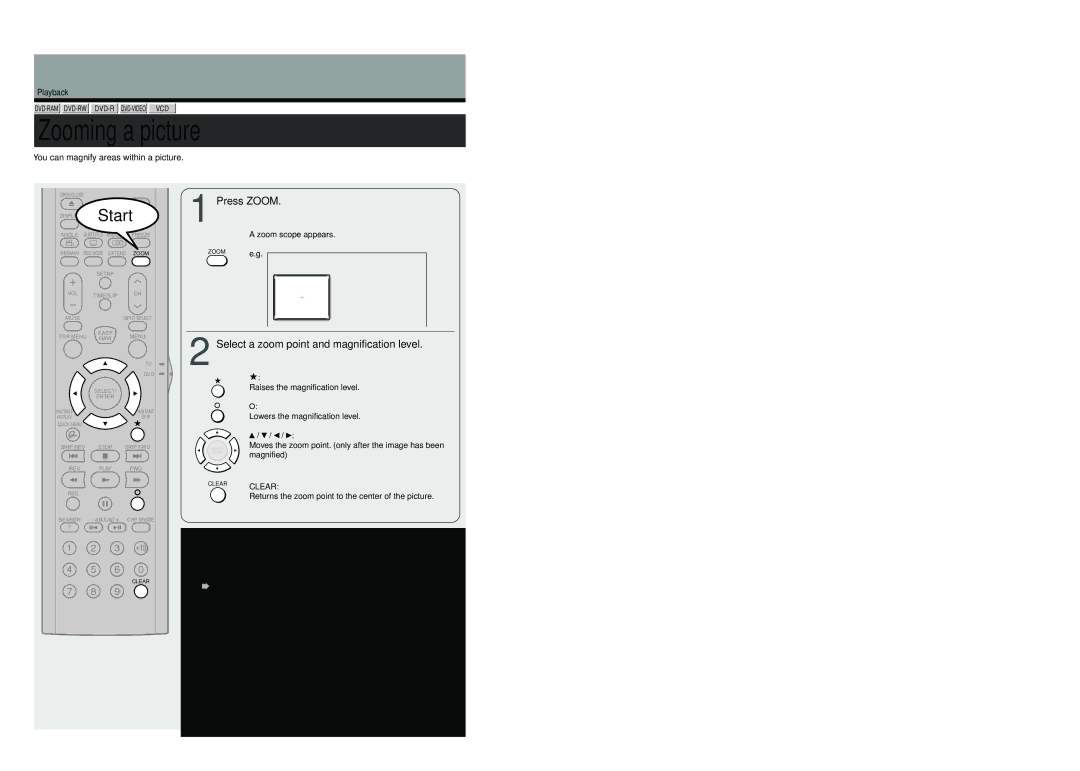 Toshiba D-R4SU owner manual Zooming a picture, Press Zoom, Select a zoom point and magnification level, To cancel the zoom 