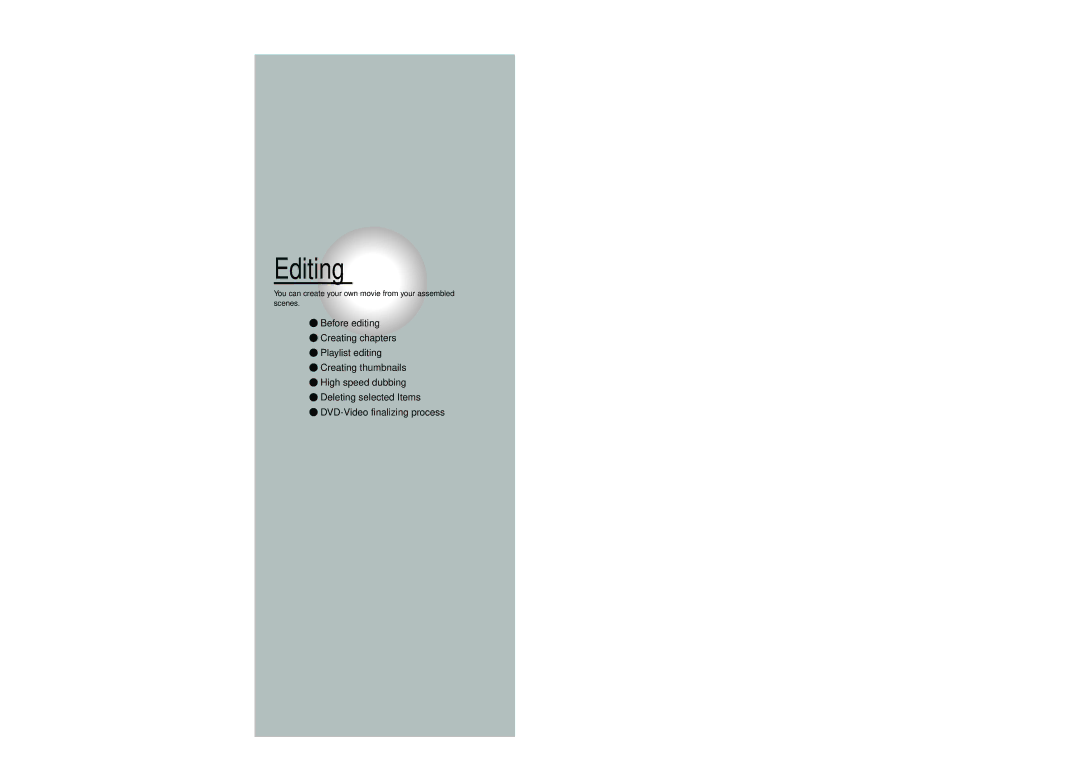 Toshiba D-R4SU owner manual Editing, You can create your own movie from your assembled Scenes 