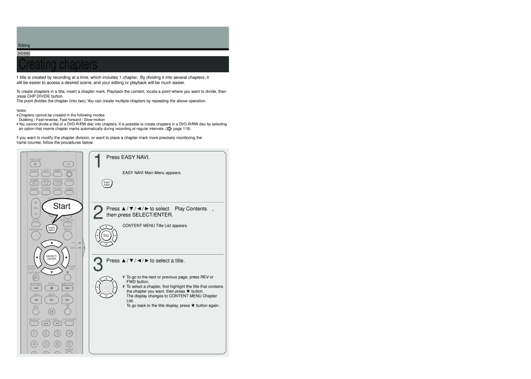 Toshiba D-R4SU Creating chapters, To select a title, To go to the next or previous page, press REV or, FWD button 