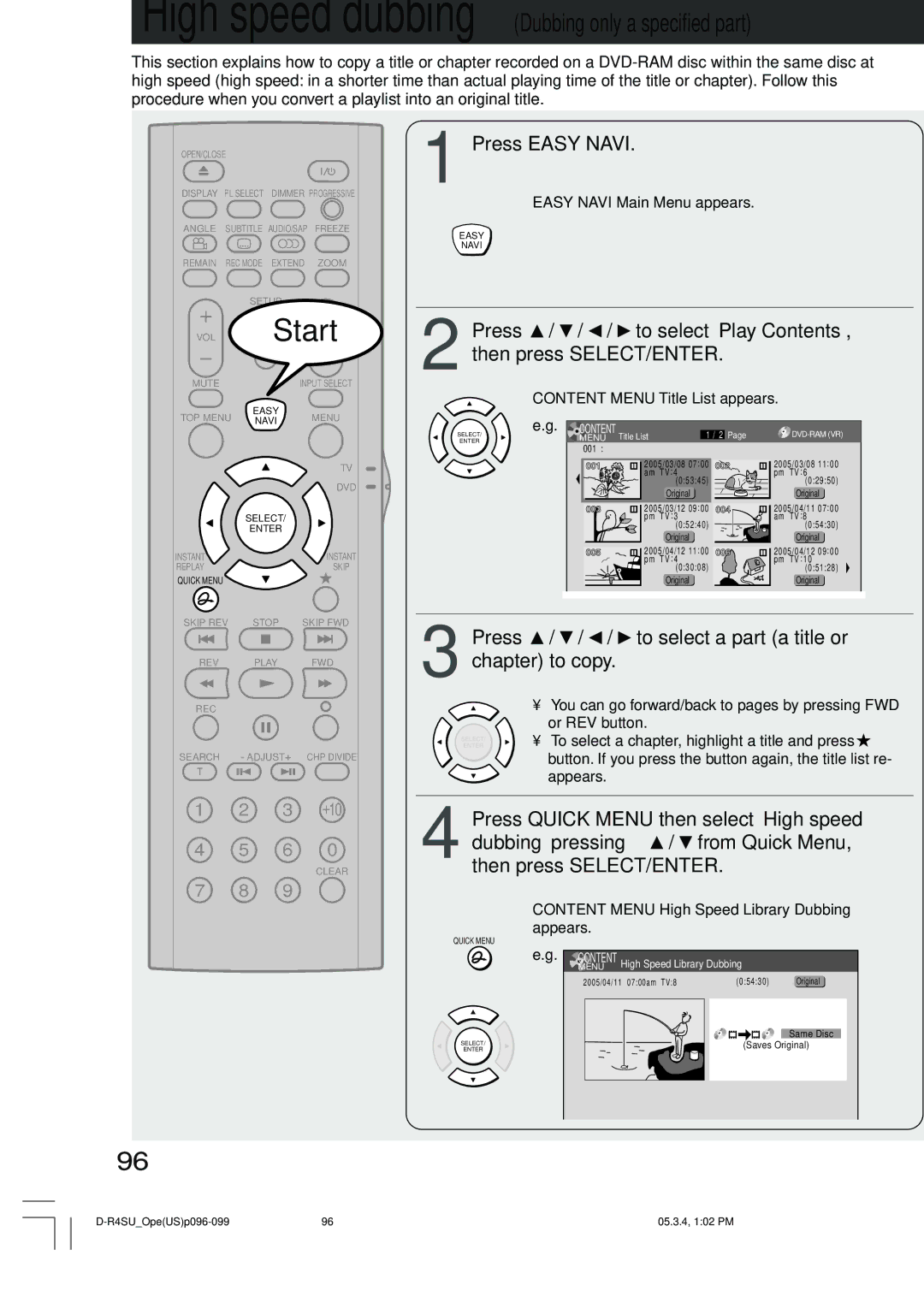 Toshiba D-R4SU Press / / / to select a part a title or chapter to copy, You can go forward/back to pages by pressing FWD 