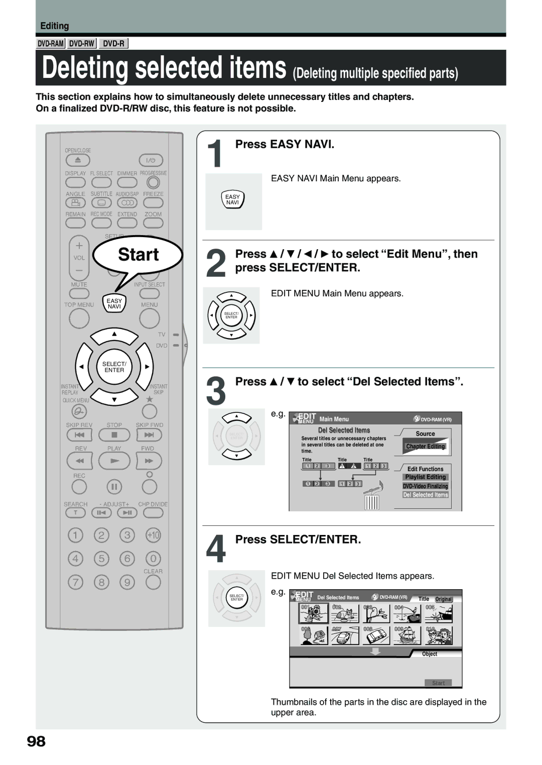 Toshiba D-R4SU owner manual Press / / / to select Edit Menu, then press SELECT/ENTER, Press / to select Del Selected Items 