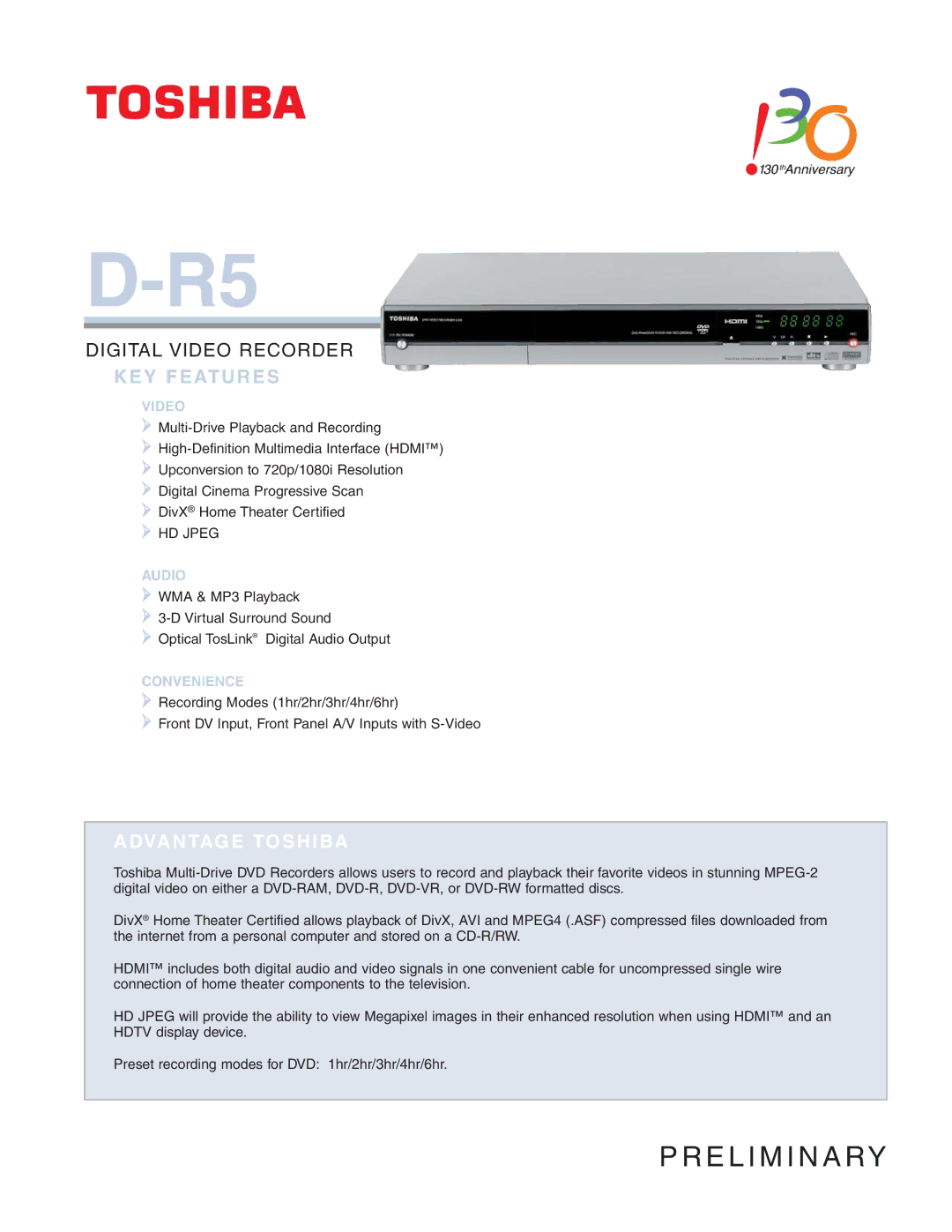 Toshiba D-R5 manual KEY Features, Video 