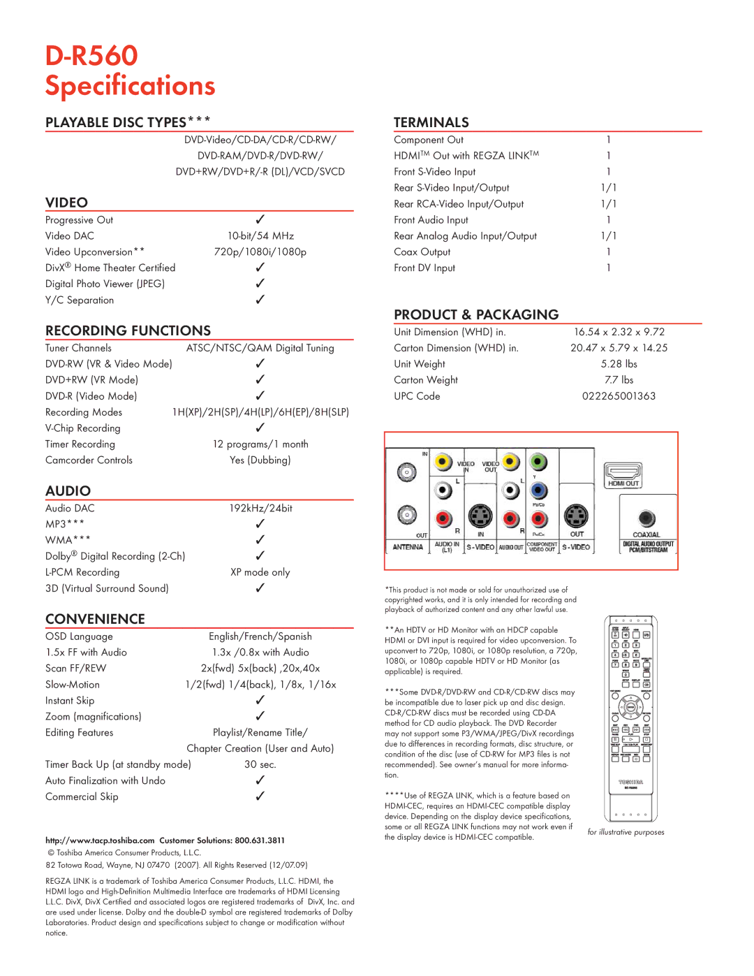 Toshiba D-R560 manual R560 Specifications 