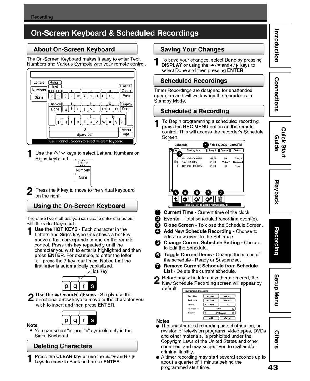 Toshiba D-R5SC, D-R5SU manual On-Screen Keyboard & Scheduled Recordings, Playback 