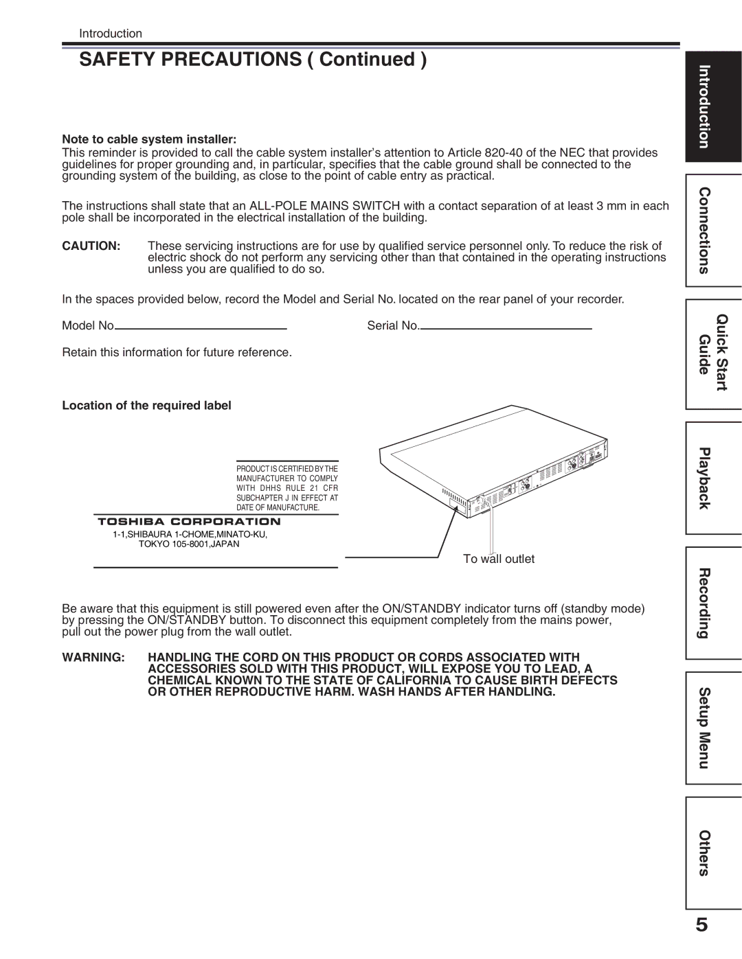 Toshiba D-R5SC, D-R5SU manual 0QVGVQECDNGUUVGOKPUVCNNGT, QecvkqpQhVjgTgswktgfNcdgn, Qppgevkqpu, 5GVWR/GPW 