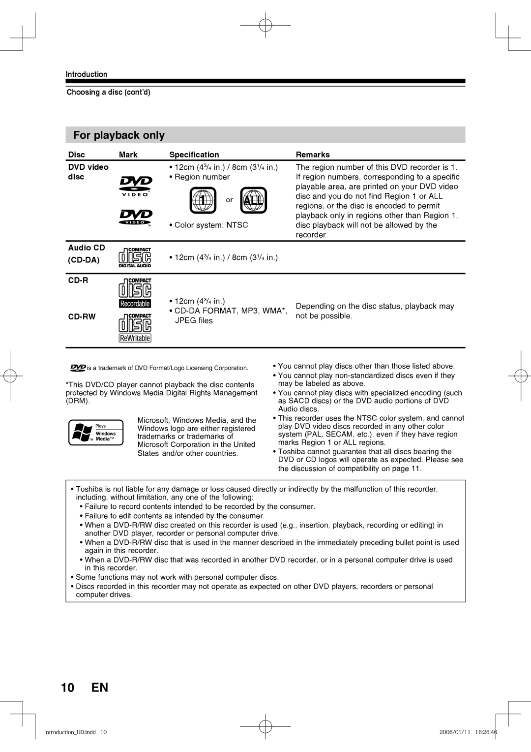 Toshiba D-RW2SU, D-RW2SC manual 10 EN, For playback only, Cd-Da, Cd-Rw 