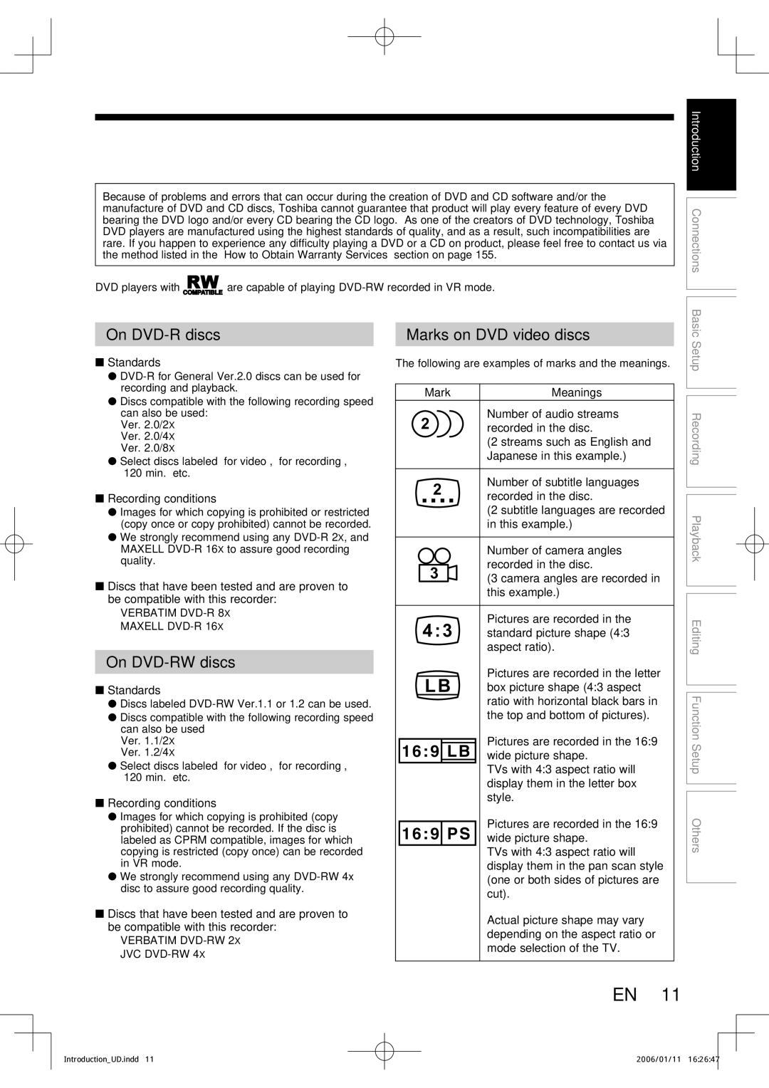 Toshiba D-RW2SC, D-RW2SU manual On DVD-R discs, On DVD-RW discs, Marks on DVD video discs, Standards, Recording conditions 