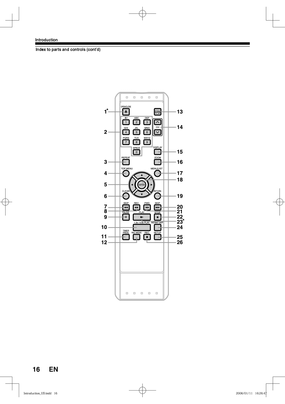 Toshiba D-RW2SU, D-RW2SC manual 16 EN, Introduction Index to parts and controls cont’d 