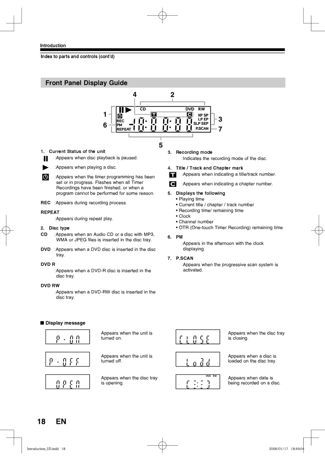 Toshiba D-RW2SU, D-RW2SC manual 18 EN, Front Panel Display Guide, Display message 