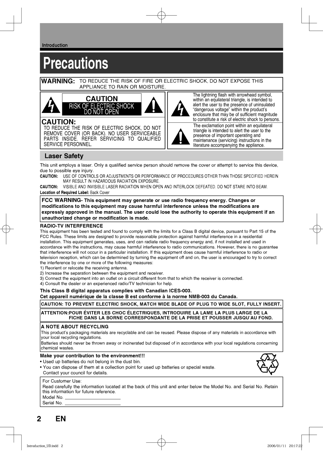 Toshiba D-RW2SU Precautions, Laser Safety, Introduction, RADIO-TV Interference, Make your contribution to the environment 