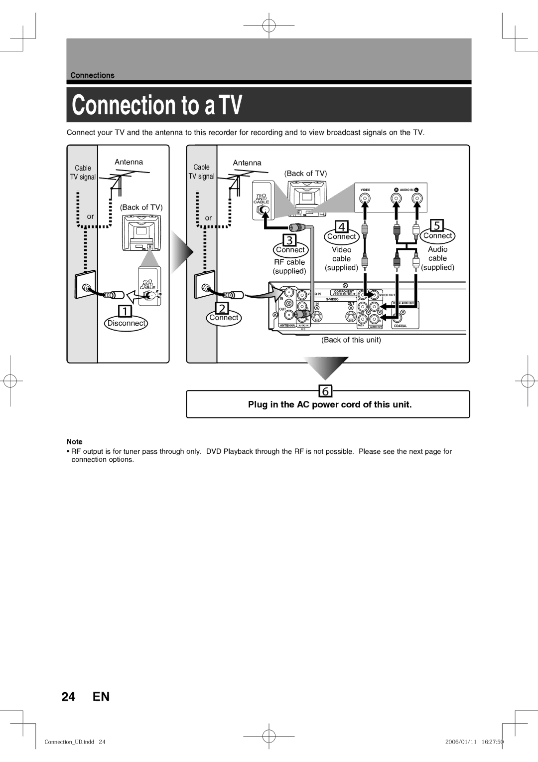 Toshiba D-RW2SU, D-RW2SC manual Connection to a TV, 24 EN, Connections 