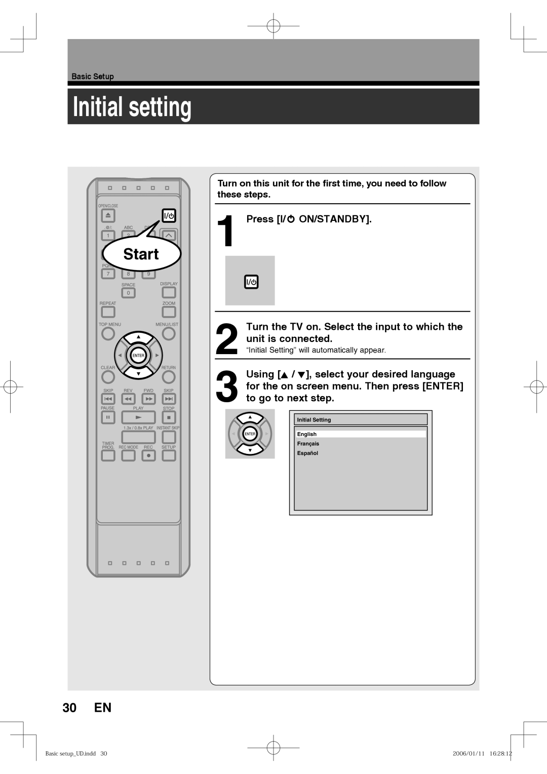 Toshiba D-RW2SU, D-RW2SC manual Initial setting, 30 EN, Press I/y ON/STANDBY, Basic Setup 