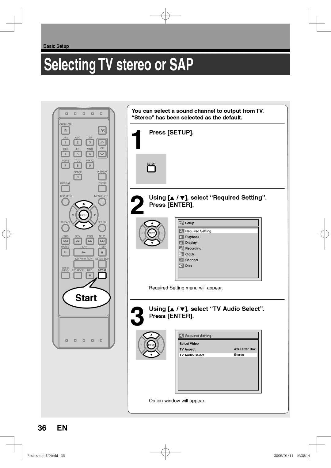 Toshiba D-RW2SU, D-RW2SC manual Selecting TV stereo or SAP, 36 EN, Using K / L, select TV Audio Select Press Enter 