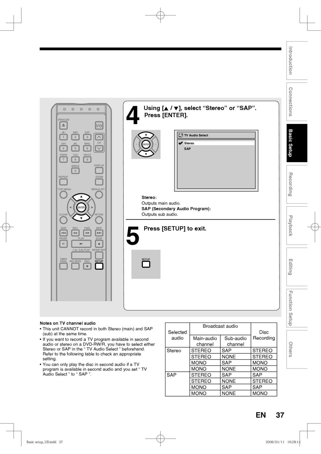 Toshiba D-RW2SC, D-RW2SU manual Using K / L, select Stereo or SAP Press Enter, SAP Secondary Audio Program 