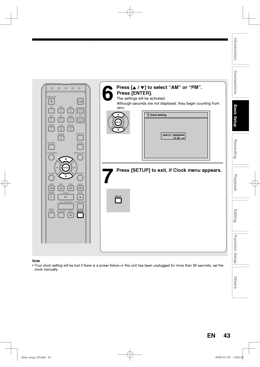 Toshiba D-RW2SC, D-RW2SU manual Press K / L to select AM or PM Press Enter, Press Setup to exit, if Clock menu appears 