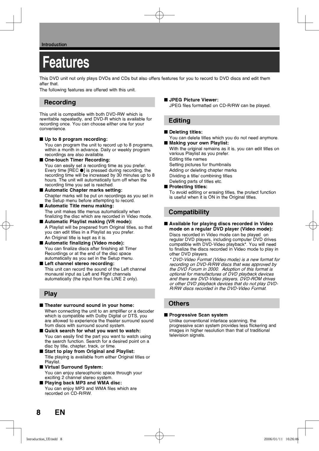 Toshiba D-RW2SU, D-RW2SC manual Features, Play, Compatibility 