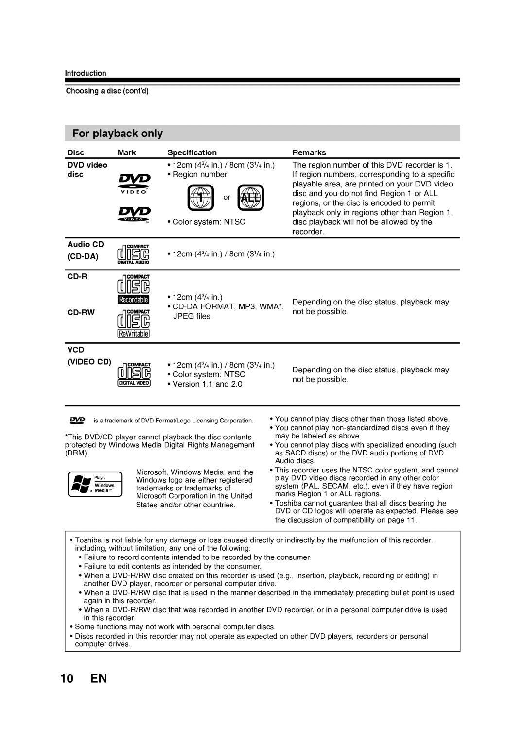 Toshiba D-RW2SU/D-RW2SC manual 10 EN, For playback only 