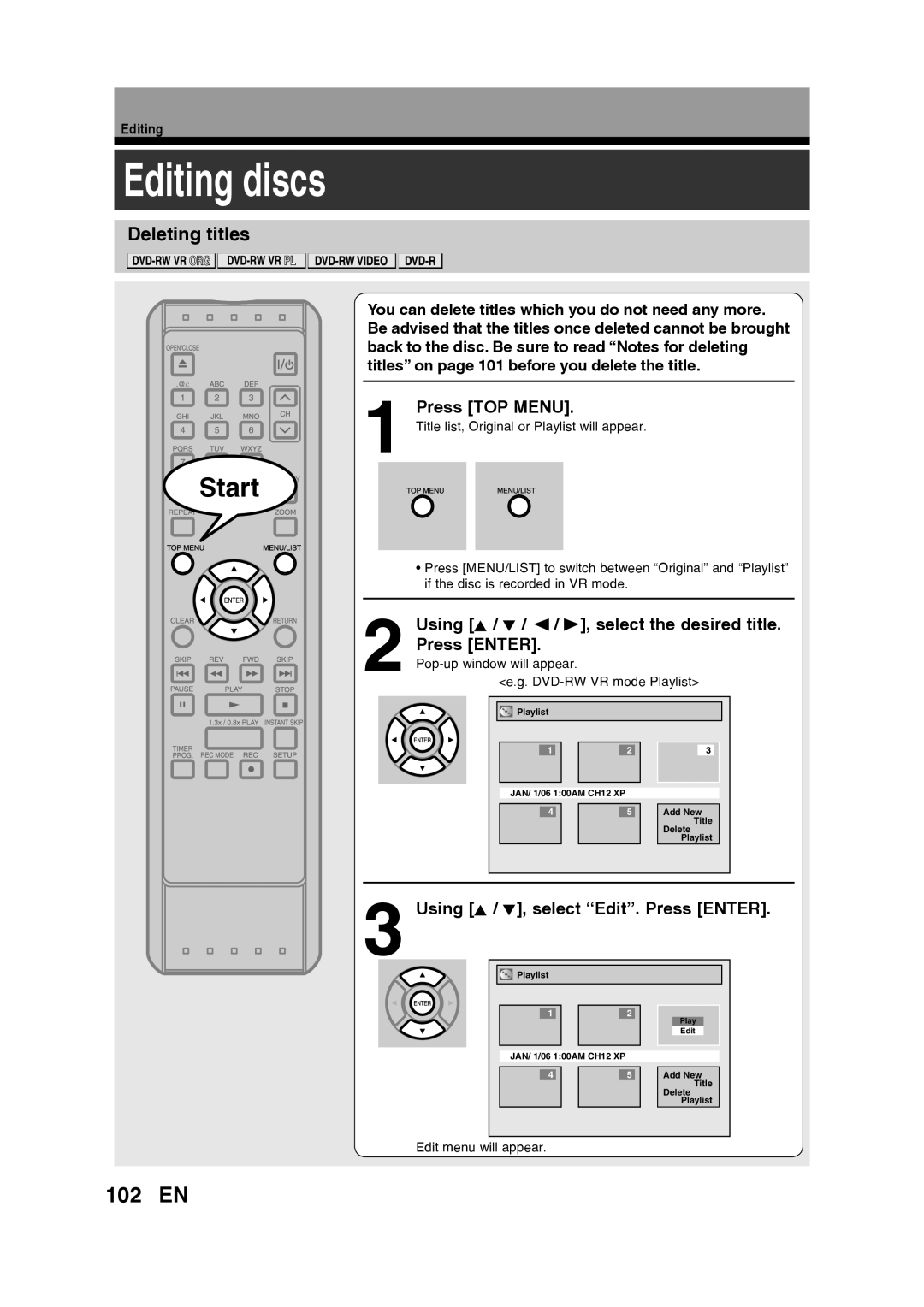 Toshiba D-RW2SU/D-RW2SC manual Editing discs, 102 EN, Deleting titles 