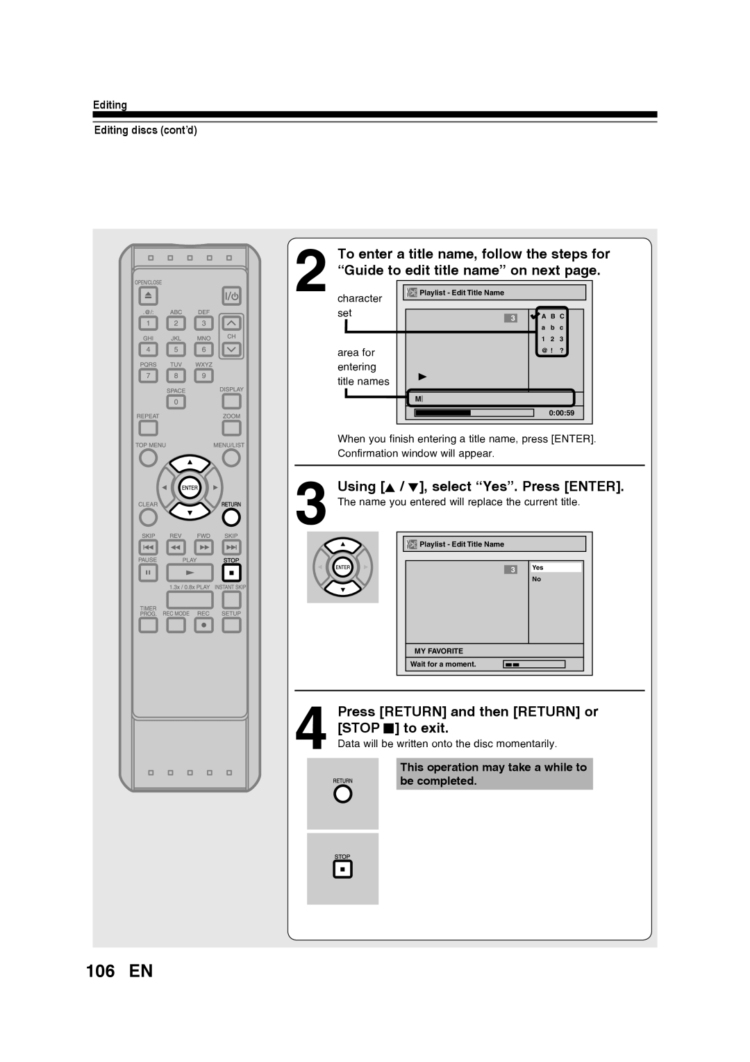 Toshiba D-RW2SU/D-RW2SC manual 106 EN, Guide to edit title name on next, Press Return and then Return or Stop C to exit 