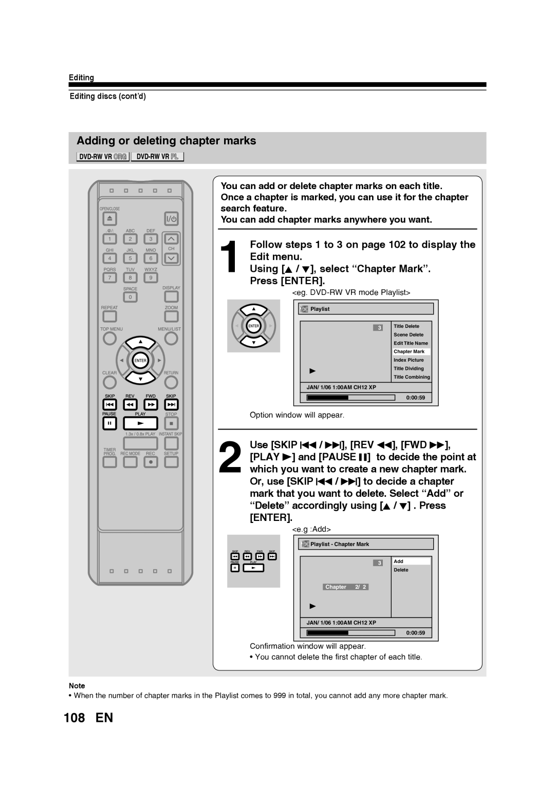 Toshiba D-RW2SU/D-RW2SC manual 108 EN, Adding or deleting chapter marks 