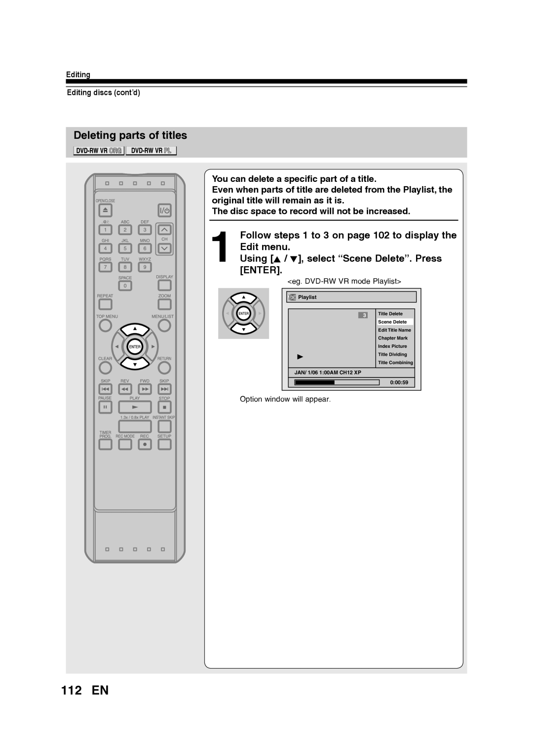 Toshiba D-RW2SU/D-RW2SC manual 112 EN, Deleting parts of titles 