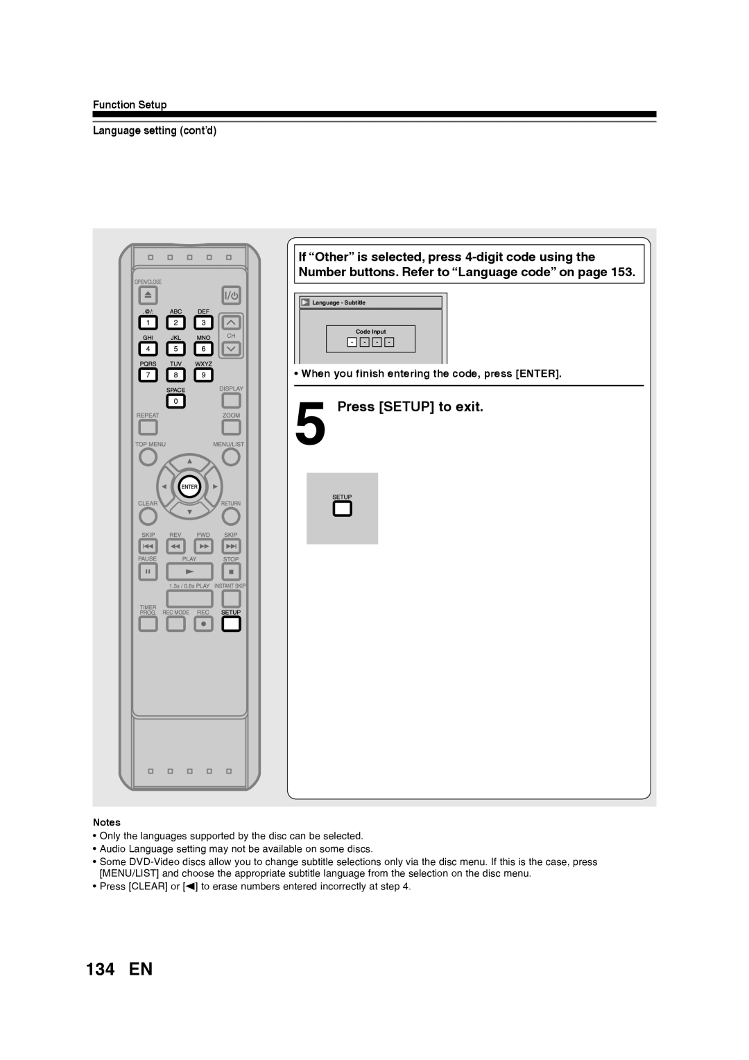 Toshiba D-RW2SU/D-RW2SC 134 EN, Function Setup Language setting cont’d, When you finish entering the code, press Enter 