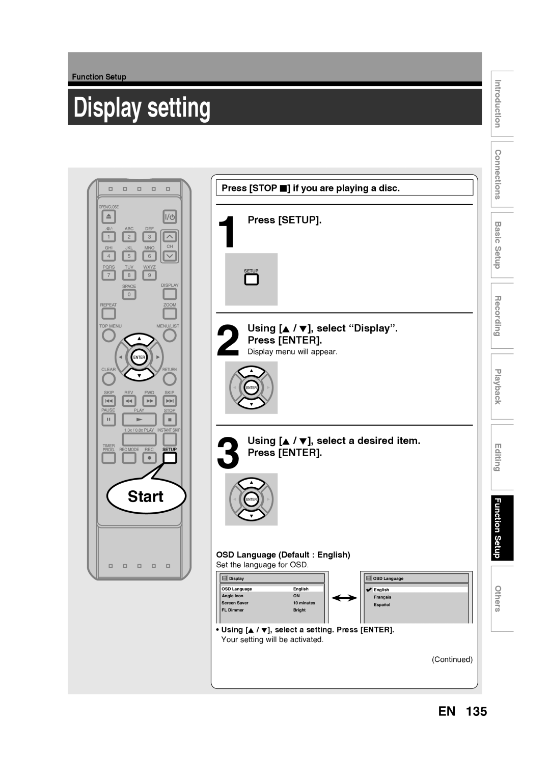 Toshiba D-RW2SU/D-RW2SC Display setting, Press Setup Using K / L, select Display Press Enter, OSD Language Default English 