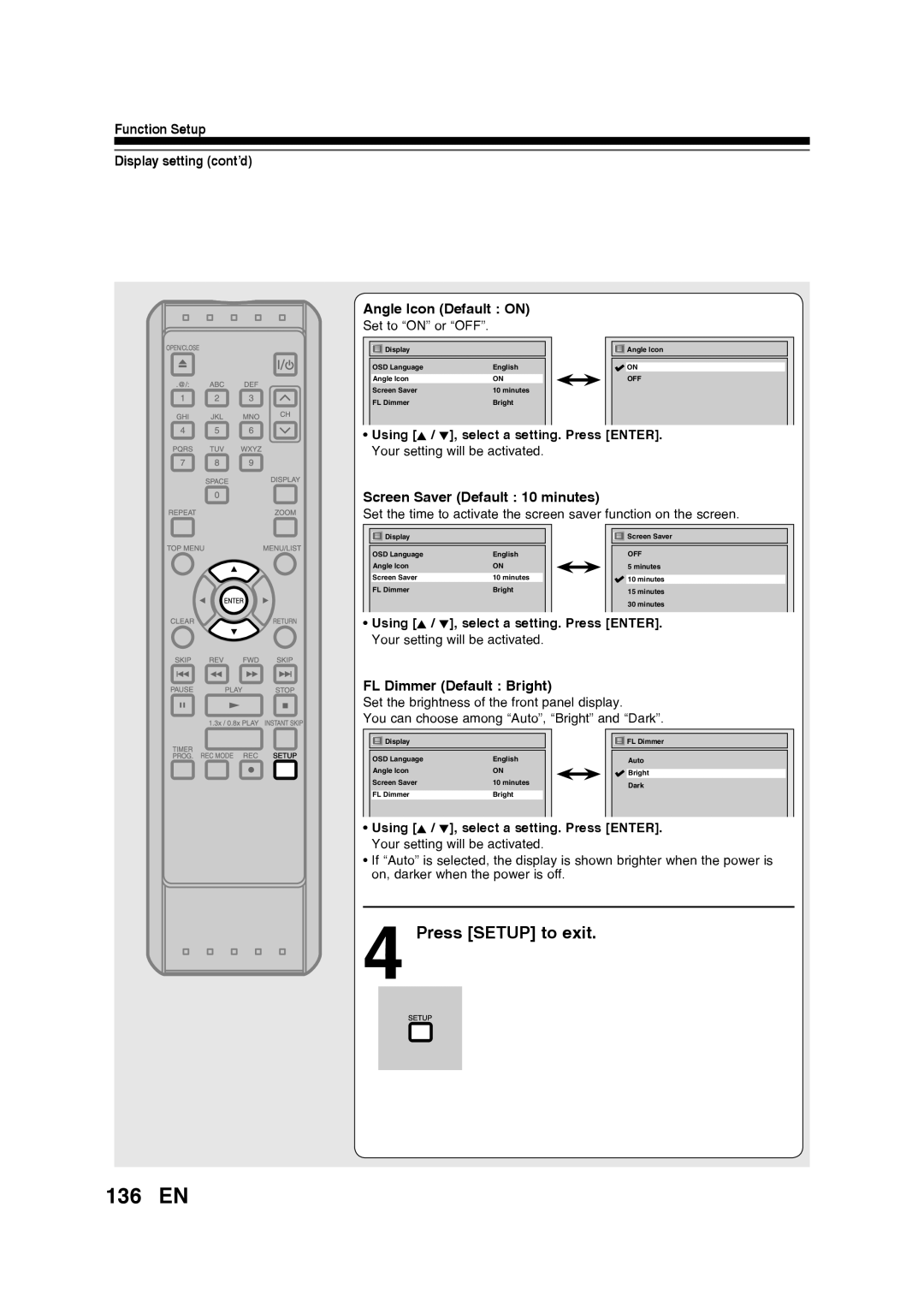 Toshiba D-RW2SU/D-RW2SC 136 EN, Function Setup Display setting cont’d Angle Icon Default on, FL Dimmer Default Bright 