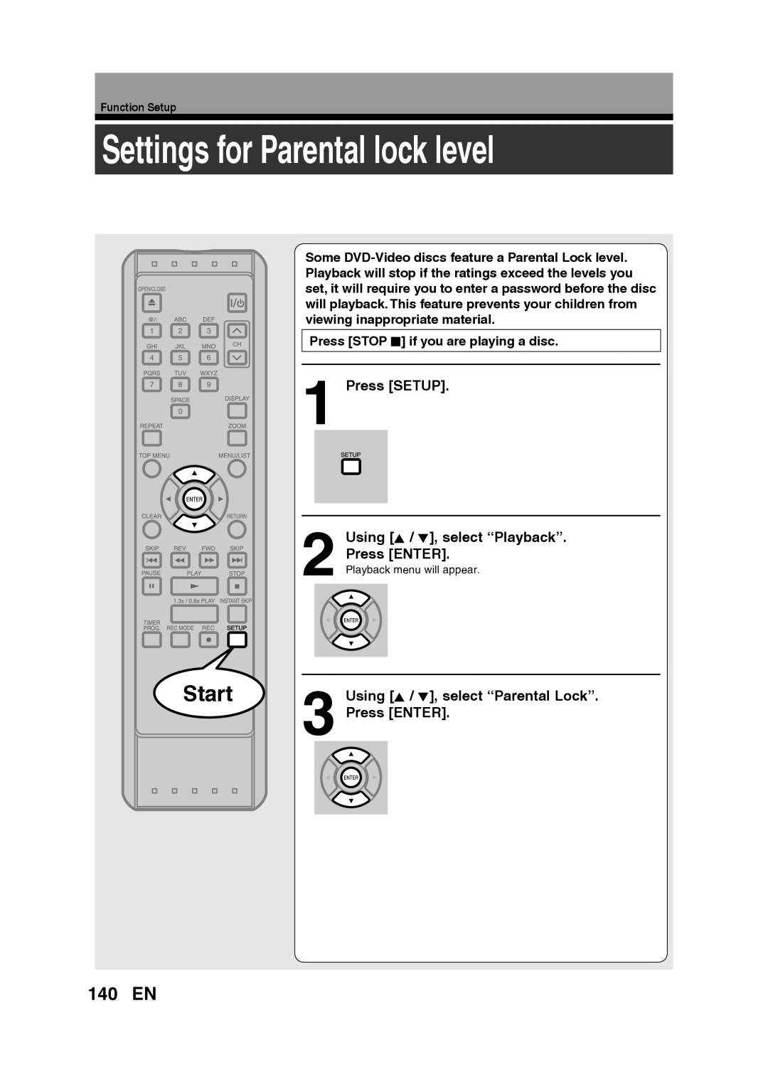 Toshiba D-RW2SU/D-RW2SC manual Settings for Parental lock level, 140 EN, Using K / L, select Parental Lock 