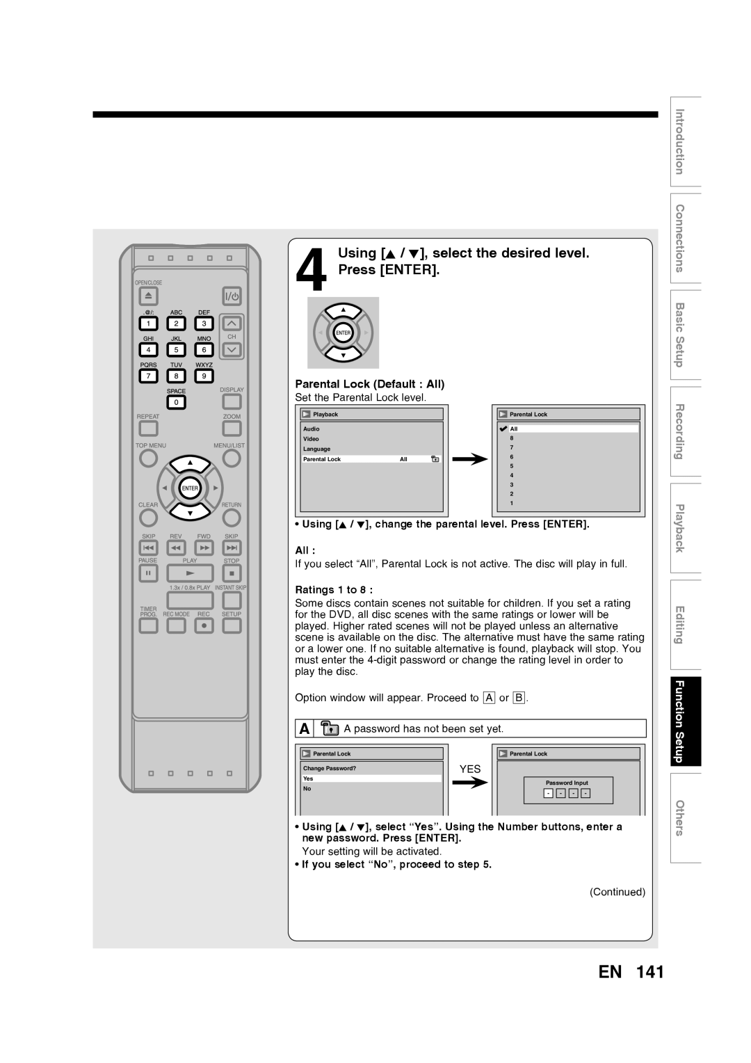 Toshiba D-RW2SU/D-RW2SC manual Using K / L, select the desired level Press Enter, Parental Lock Default All, Ratings 1 to 