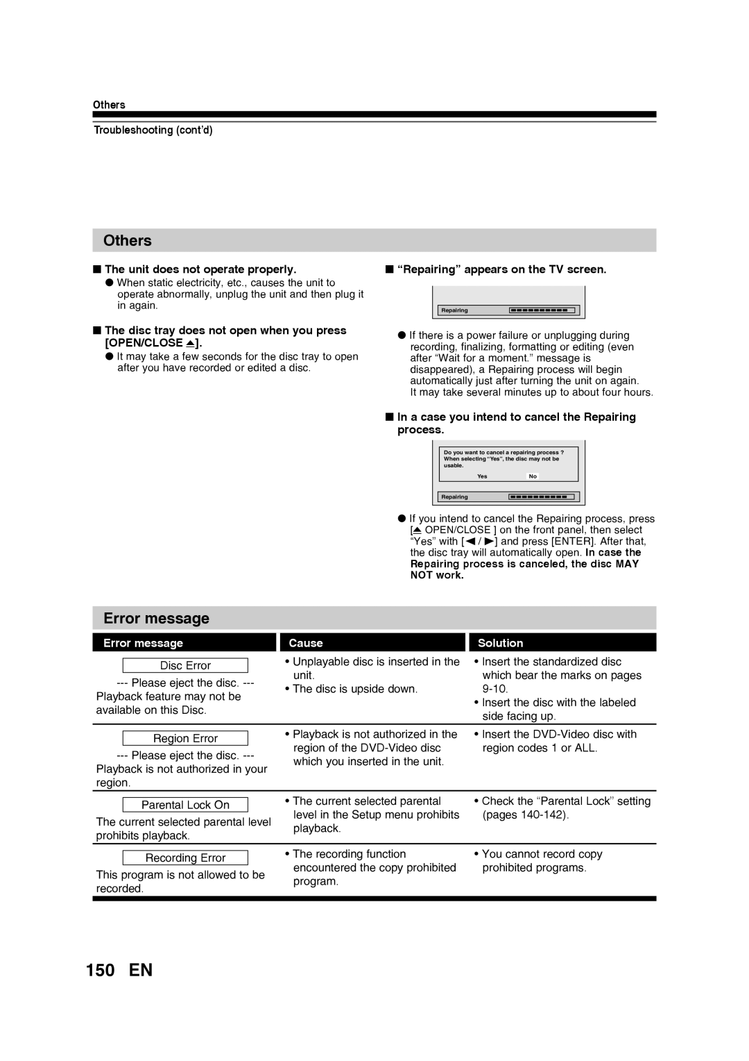 Toshiba D-RW2SU/D-RW2SC manual 150 EN, Error message 