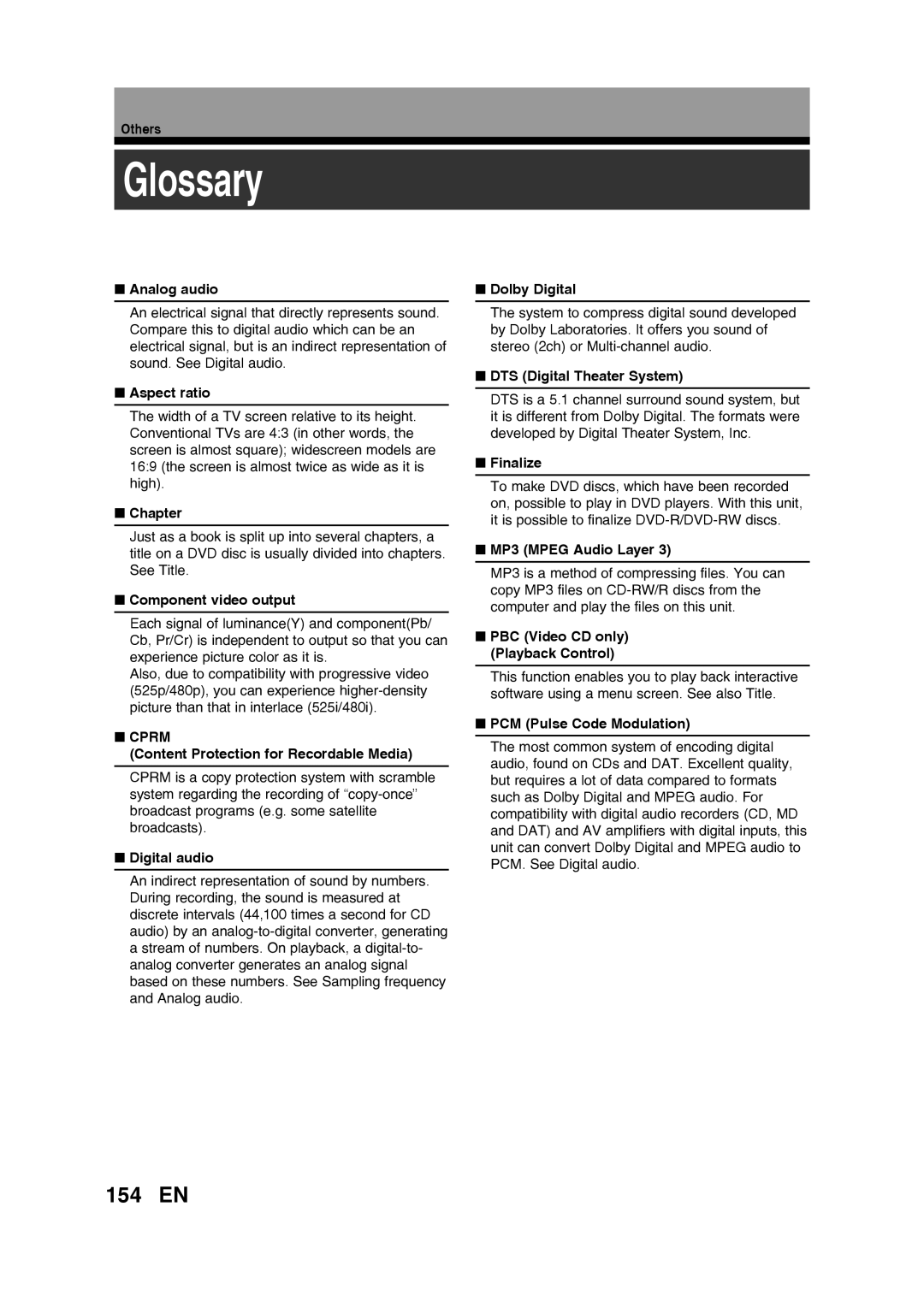 Toshiba D-RW2SU/D-RW2SC manual Glossary, 154 EN 