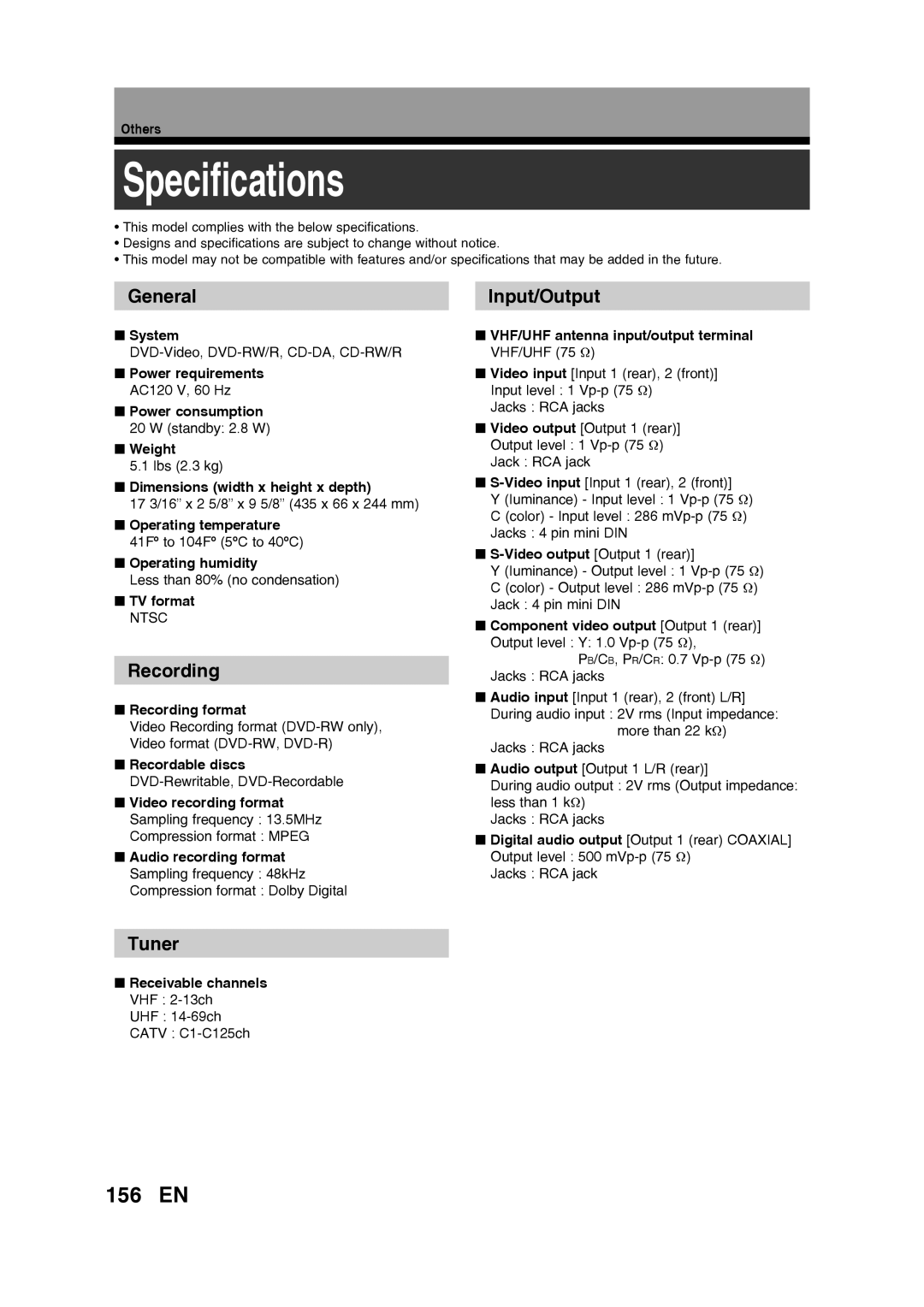 Toshiba D-RW2SU/D-RW2SC manual Speciﬁcations, 156 EN, General, Tuner, Input/Output 