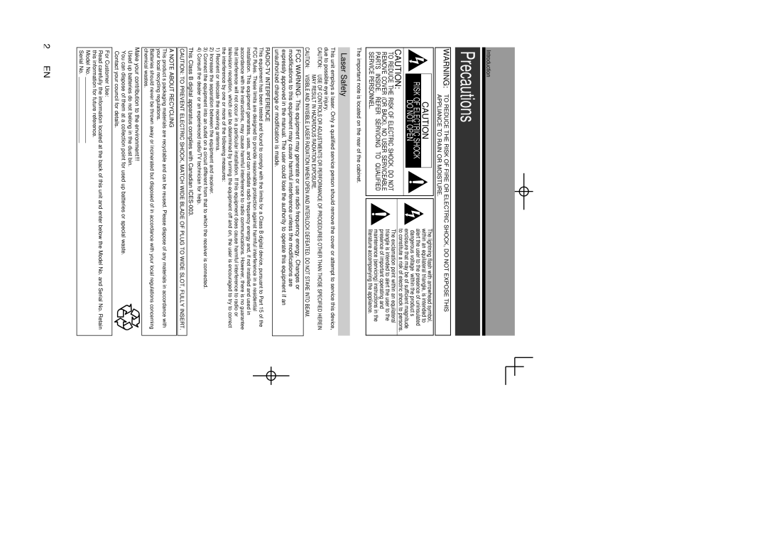 Toshiba D-RW2SU/D-RW2SC manual Precautions, Laser Safety, Introduction, Make your contribution to the environment 